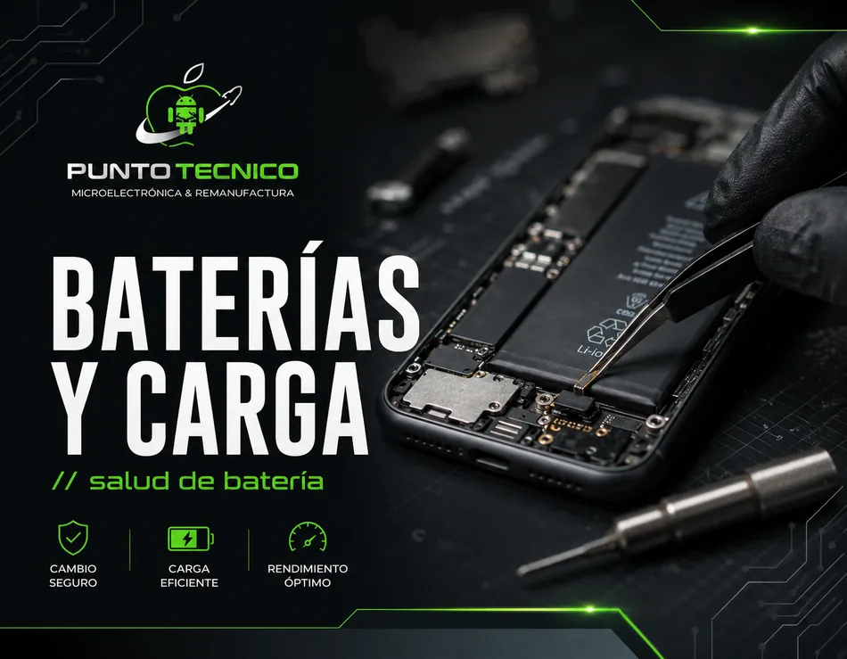 Baterías y carga — diagnóstico de IC de carga, reemplazo de baterías y solución de consumo excesivo. Salud de batería.