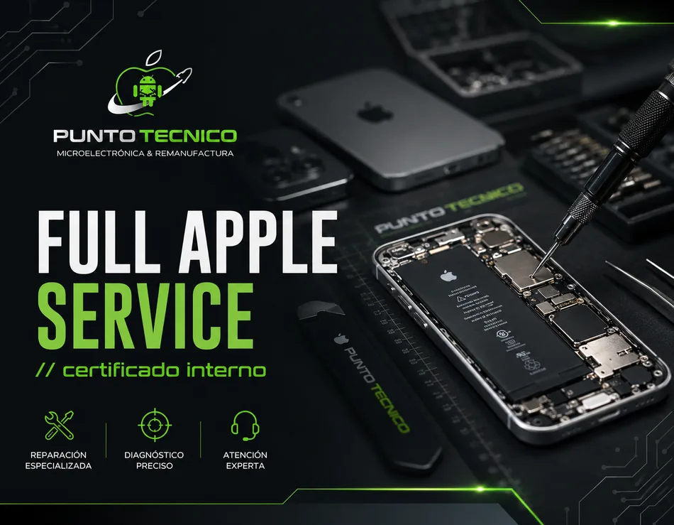 Full Apple Service — Face ID, TrueTone, cristales traseros y reparaciones que respetan el ecosistema Apple. Certificado interno.