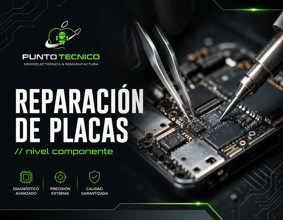 Reparación de placas — microelectrónica y microsoldadura BGA sobre placas lógicas de iPhone y Android. Nivel componente.