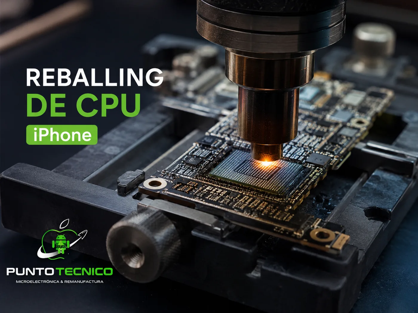 Reballing de CPU en placa lógica de iPhone, microsoldadura a nivel componente